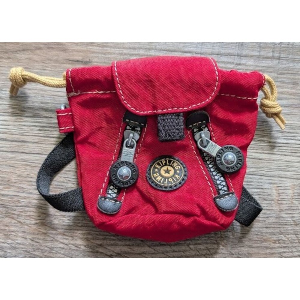 Vintage 90's Kipling Mini Backpack Key Chain Red Nylon Metal Logo Zipper HTF
